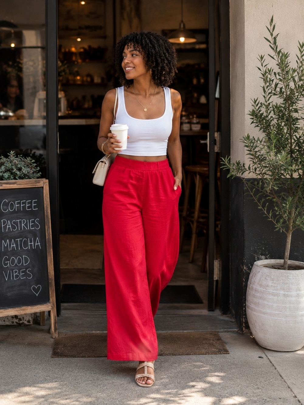 Wide Leg Red Linen Blend Pants for Women